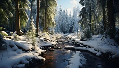 Panoramic view of a mountain river flowing through a snowy forest