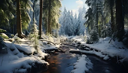 Fotobehang Panoramic view of a mountain river flowing through a snowy forest © Iman