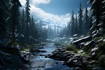 Poster Fantastic winter landscape. Mountain river and coniferous forest © Iman
