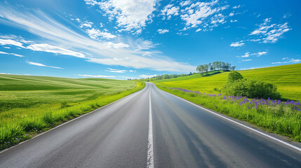 Fototapeta premium road landscape. blue sky, green field, purple spots of flowers in green fields