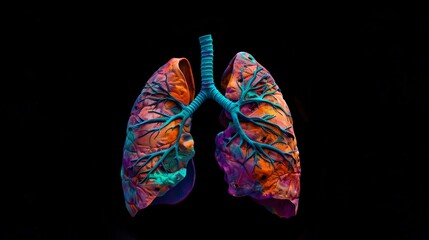 Vibrant human lungs illustration on black, artistic anatomy image for medical use and education, detailed and colorful. AI