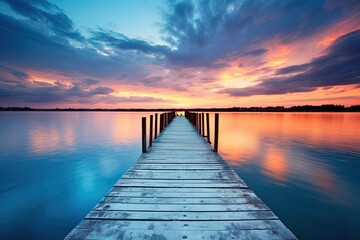 Blue Lake at Sunset: Wooden Piers Reflecting on the Serene Waters with Stunning Horizon Design - obrazy, fototapety, plakaty