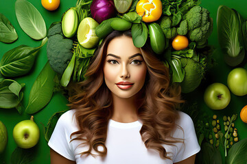 Green background of a woman with vegetables in her hair, banner voor vegan day or vegetarian week