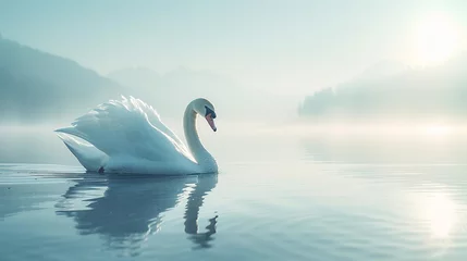 Rolgordijnen Serene swan gliding gracefully on the tranquil blue lake waters.  © Shamim