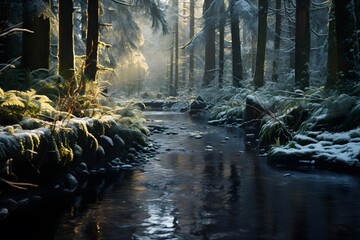 Winter landscape with a river and trees in a foggy forest.