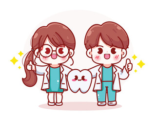 Cute female dentist and male dentist holding teeth and gave a great thumbs up gesture hand drawn cartoon illustration