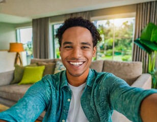 Selfie picture of young handsome smiling man american african takes a selfie photo from inside his house living room in modern home