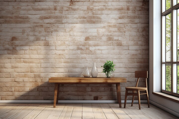 Modern living room in loft style with a wooden table and a wood shelf. Generated by artificial intelligence