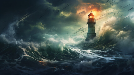Shining lighthouse in the raging night sea storm o
