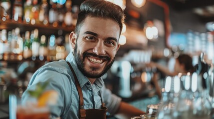 Happy waiter serving drinks while working in a cafè bar. - obrazy, fototapety, plakaty