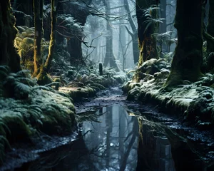 Fototapeten Panoramic view of a misty forest with a river flowing through it © Iman
