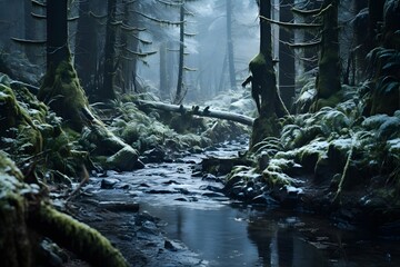 Majestic forest landscape with a river flowing through it. Panorama