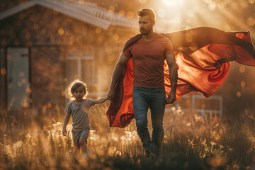 Father and child play superheroes with a cape in the warm glow of the evening sun