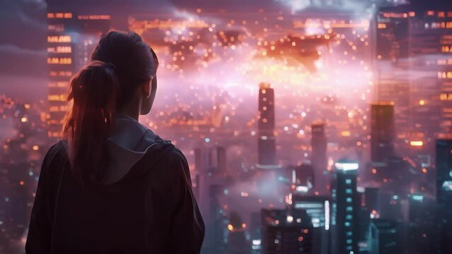 Against a backdrop of a futuristic city skyline a team of market experts stand in front of a massive hologram projection of a stock market graph. Their attentive faces are