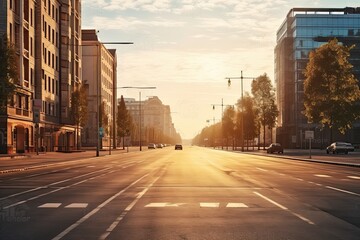 Empty Morning Street in Downtown Vilnius. Urban Landscape of City Road in Europe, Lithuania with Daylight Background for Travel Concept - obrazy, fototapety, plakaty