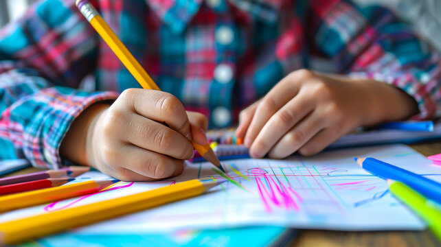 A child's hand holds a colored pencil and draws on a white sheet of paper with colored pencils. Close-up Children's creative activities at school, kindergarten, at home, as well as in creative studio