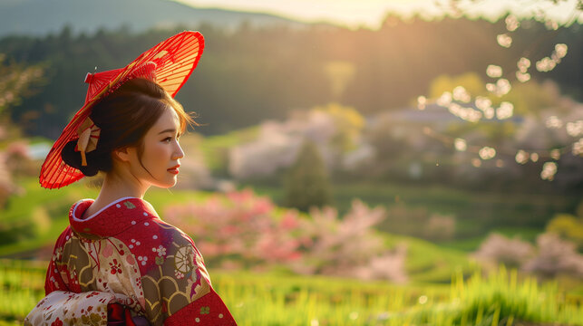 a charming ethnic Japanese woman, photographed in the beautiful Japanese countryside, with a backdrop of green hills, rice fields, or blooming cherry trees, Ai generated Images