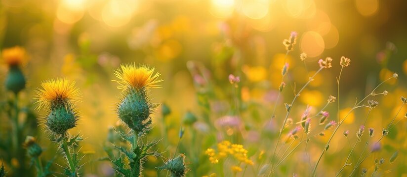 A field filled with an array of wildflowers, including Bull thistle Cirsium vulgare, as the sun shines brightly in the background, casting a warm light over the scene.