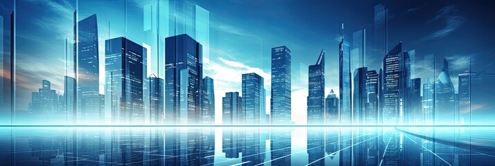 Fototapeta na wymiar Futuristic Business Background with High-Tech Wall and Building. Modern Blue Background with Innovation and Perspective