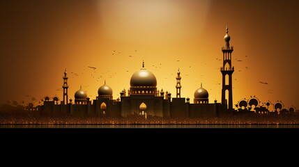 Golden Mosque, Minimalist Style, Commemorating the Holy Month. Copy Space