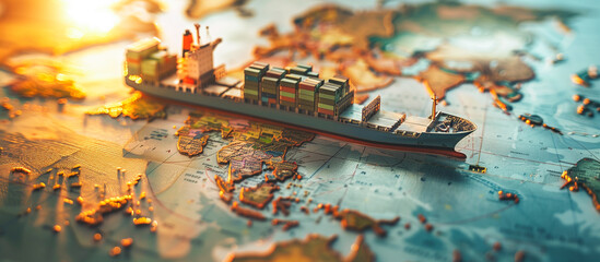 Obraz premium import export logistics distribution transportation business concept background. container ship model on world map