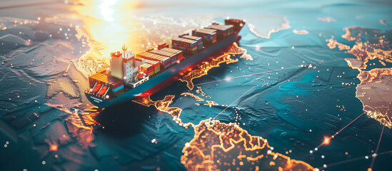 import export logistics distribution transportation business concept background. container ship model on world map