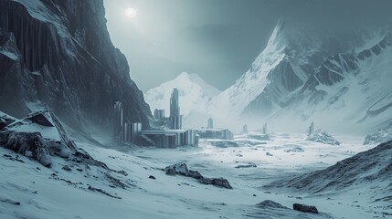 A photograph depicting a realistic, undiscovered city hidden in a snowy mountain landscape, with an eerie and creepy ambiance. The image is cinematic, with a depth of field effect, color grading.