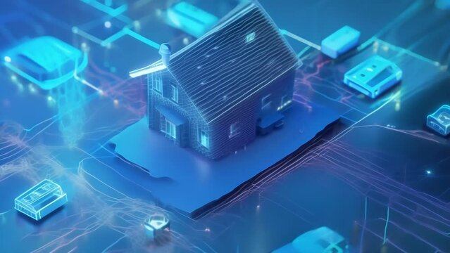A hologram of a home showcasing various devices and appliances connected to the energy grid illustrating the efficiency and control of IoT technology.