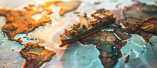 Fototapeta premium import export logistics distribution transportation business concept background. container ship model on world map