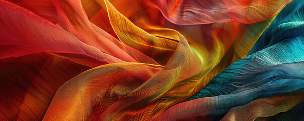 Textured crimson, turquoise, orange and lime satin fabric fiber abstract background