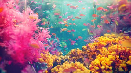 Fototapeta na wymiar Vibrant underwater seascape with schools of fish, diverse coral reef life, ideal for exotic aquarium backgrounds. AI