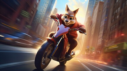 An exhilarating scene of an animated fox character speeding through a cityscape on a motorcycle, with dynamic motion blur effect.
