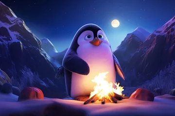 Crédence de cuisine en verre imprimé Chambre denfants A heartwarming digital image of a cartoon penguin enjoying the warmth of a campfire in a snowy mountain landscape under the moonlight.