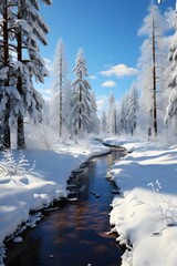 Frozen river in winter forest. Panoramic view. Beautiful winter landscape.