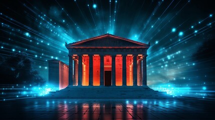 A stunning juxtaposition of an ancient temple illuminated by dramatic red lighting, contrasted with futuristic blue light beams in the night.