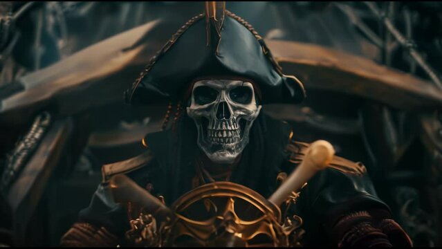 The skull of a pirate at the helm of a ship