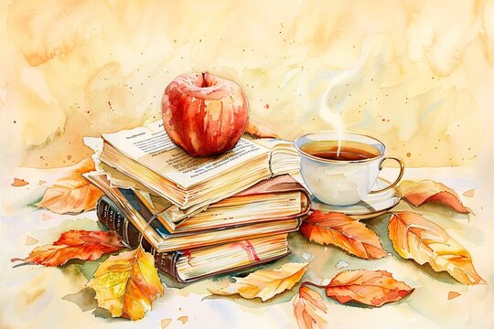 Autumn Leaves and Apple Book Stack Generative AI