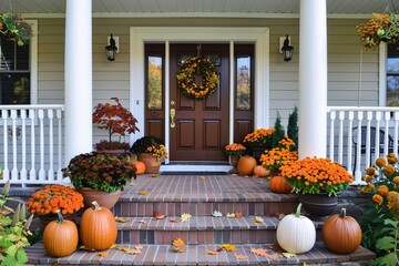 Fall Home Decor Pumpkins, Leaves, and Flowers Adorn the Front Porch Generative AI