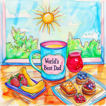 A whimsical drawing of a colorful "World's Best Dad" coffee mug, amidst a playful breakfast setting. 