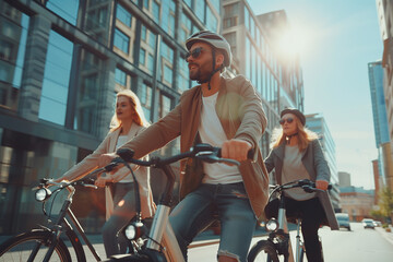 Obraz premium Stylish Urban Trio on Electric Bikes Under City Sunlight