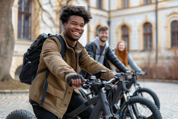 Fototapeta na wymiar Multicultural Group Enjoying Electric Bike Ride in Historic City