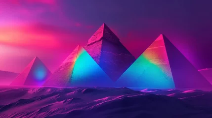 Photo sur Plexiglas Violet A surreal landscape of abstract pyramids, softly lit with a spectrum of neon colors, creating a dreamlike and minimalist ambiance.