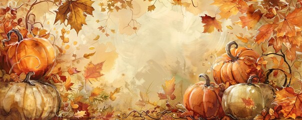 Naklejka na ściany i meble Autumn's Golden Harvest A Pumpkin Painting in a Leafy Forest Generative AI