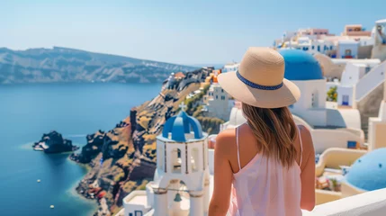 Fototapeten a woman on holiday on Santorini Island, with a classic island landscape in the background consisting of white buildings with beautiful blue roofs and a bright blue sky, Ai Generated Images © mohammad