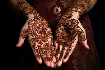 Fototapeta premium Intricately designed henna patterns adorning the hands of girl in preparation for Eid al-Fitr celebrations, symbolizing beauty and tradition.