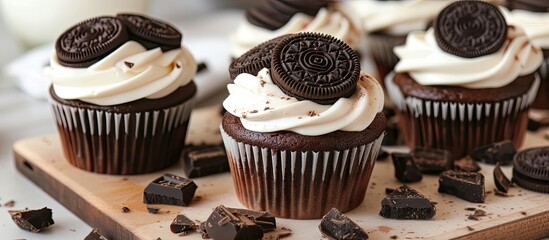 A wooden cutting board showcasing a variety of chocolate cupcakes with Oreo cookies on top, creating a delightful mix of textures and flavors.