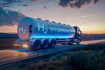 Truck with Hydrogen gas tank trailer on the road. New Energy Hydrogen gas transportation