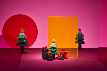 Christmas mock up with Christmas ornaments and trees for design.