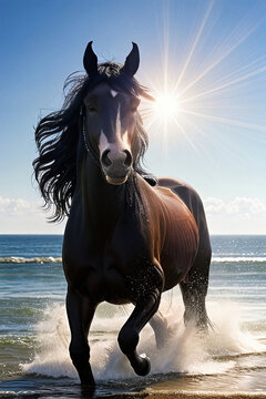Black horse runs in the water of the sea sunset.