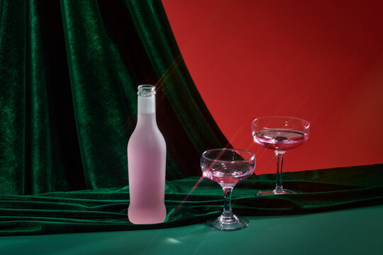 Creative arrangement with champaign glasses, shiny Christmas